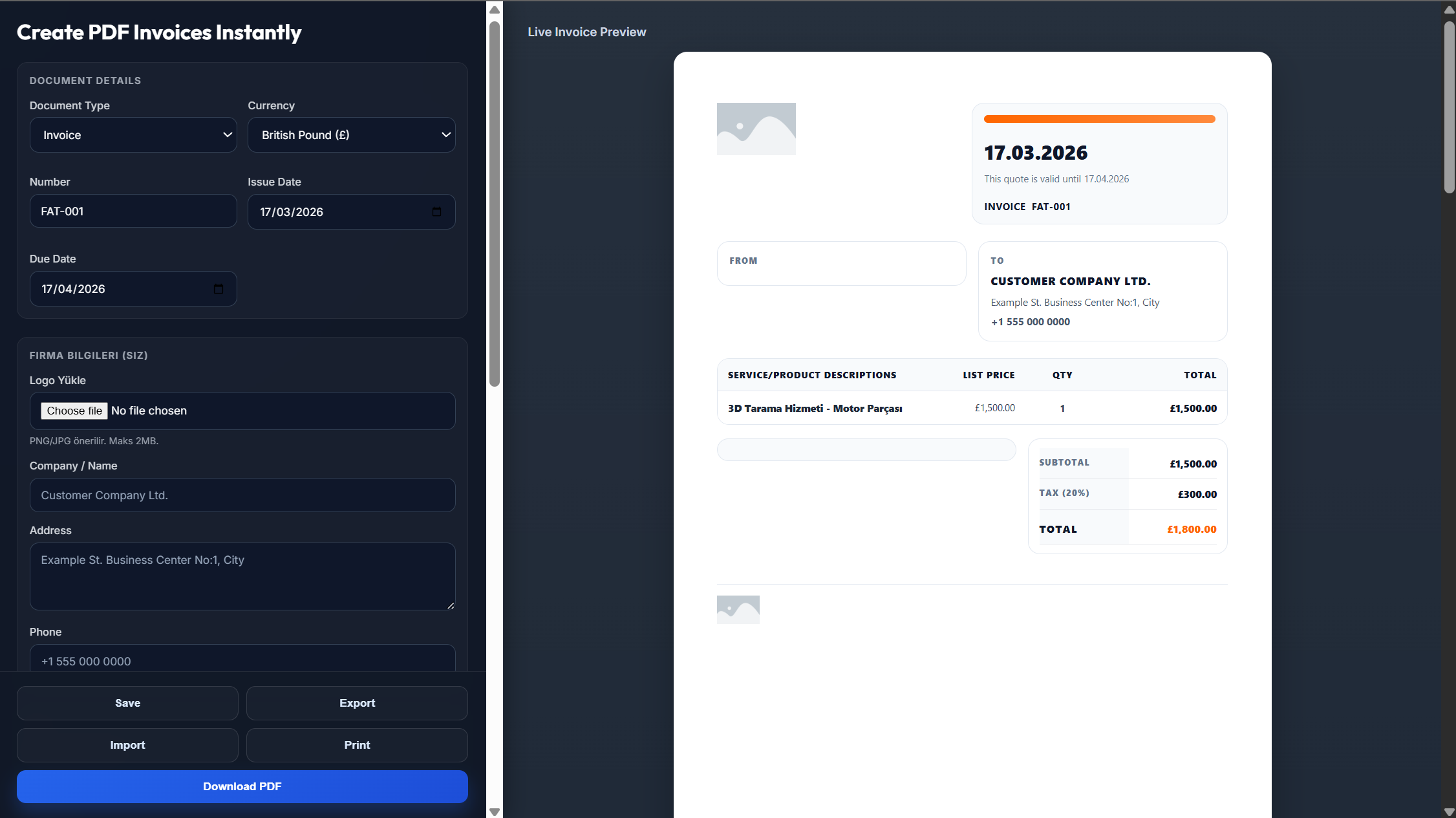 Free invoice generator dashboard preview - Create professional PDF invoices online instantly with Instant PDF Invoice
